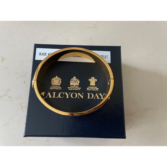 Halcyon Days Black Enamel/Yellow Gold Plated Hexagon Hinged Bangle Bracelet - Picture 2 of 8